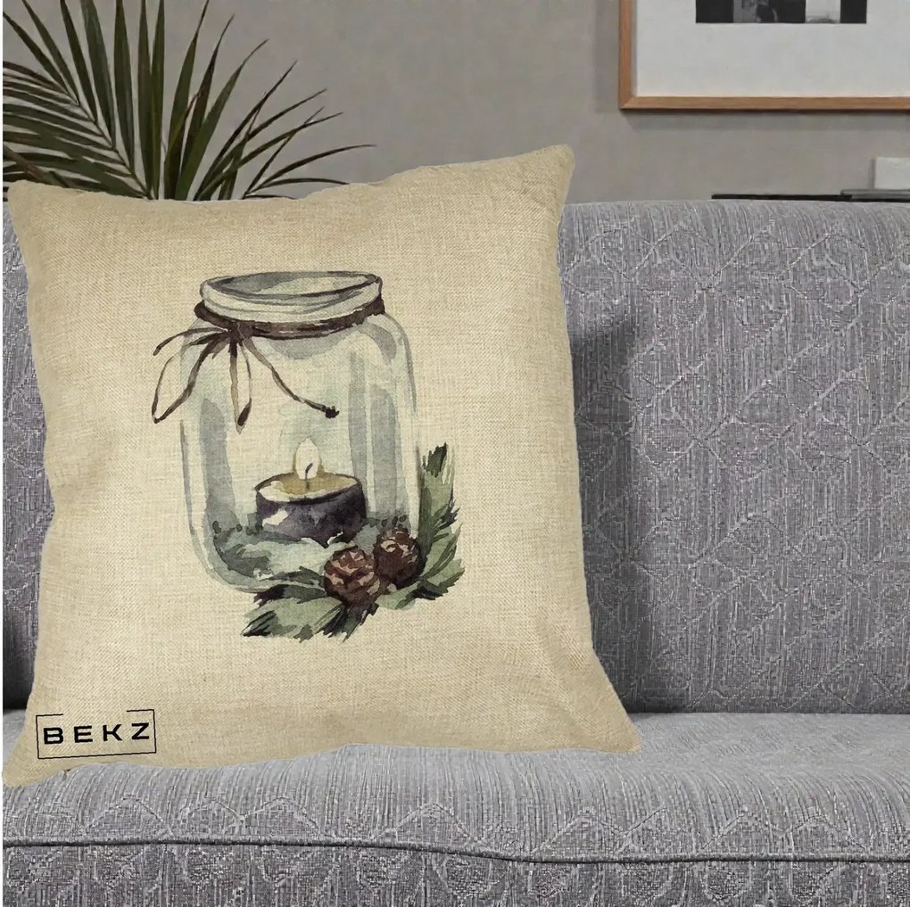 Perna Decorativa Felinar cu Lumanare si Conuri, 40x40 cm, Crem, Husa Detasabila, Perna Inclusa, BEKZ®