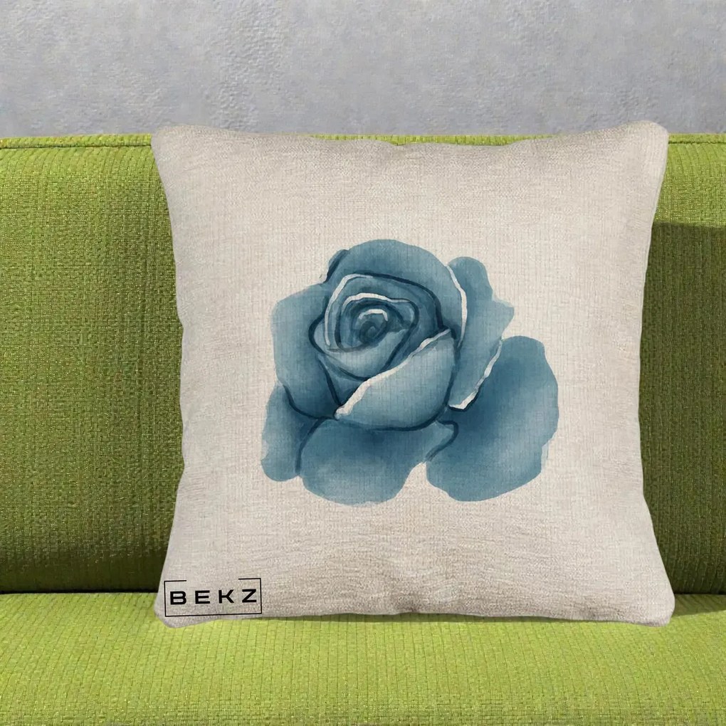 Perna Decorativa Trandafir Albastru Acuarela, 40x40 cm, Bej Canapea, Husa Detasabila, Perna Inclusa, BEKZ®