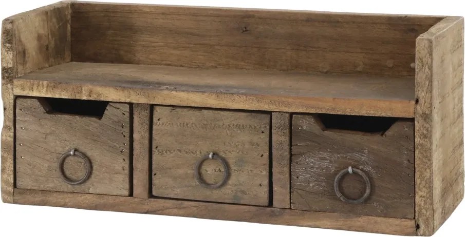 Etajeră de perete din lemn reciclat, natur, cu 1 raft, 3 sertare și mânere în formă de inel, aspect rustic, 15 x 36 x 12 cm, „Grimaud”