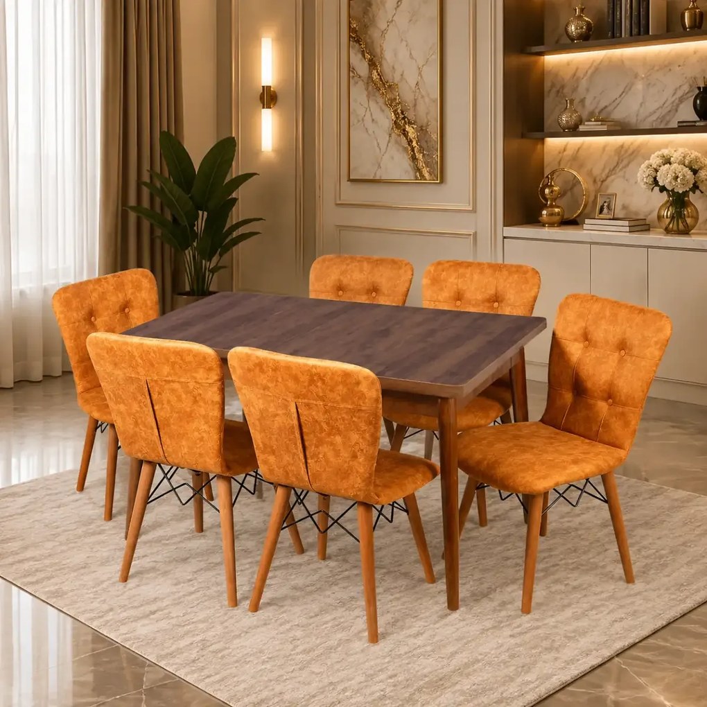 Set masa extensibila cu 6 scaune tapitate Homs cristal nuc-mustar 170 x 80 cm