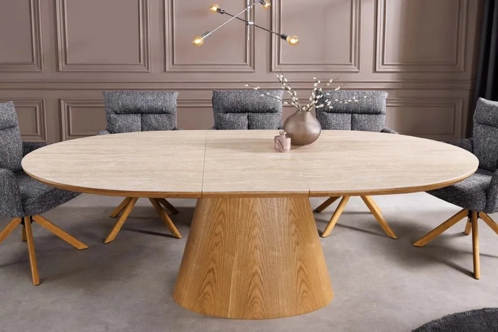 Masa extensibila, Ceramica travertin, Furnir stejar, UNIQUE 160-200cm