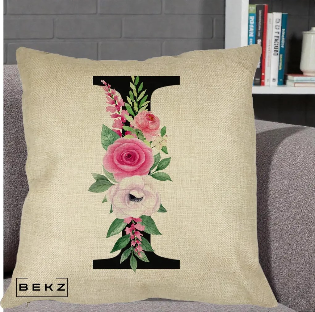 Cadou Personalizat - Perna Personalizata Monograma Florala Litera I, 40x40 cm, Crem, Husa Detasabila, Perna Inclusa, BEKZ®