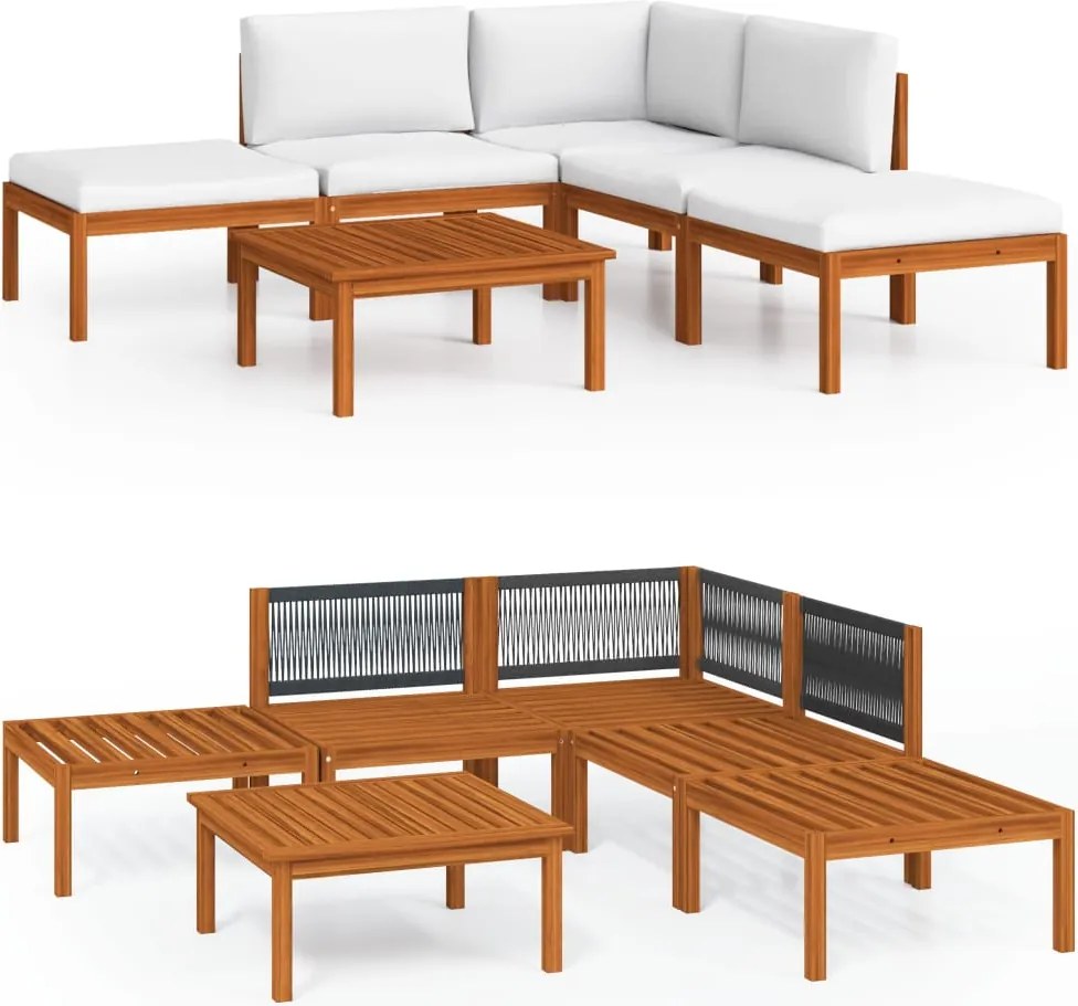 vidaXL Set fotoliu de grădină cu 6 piese, perne, lemn crem, acacia și frânghie