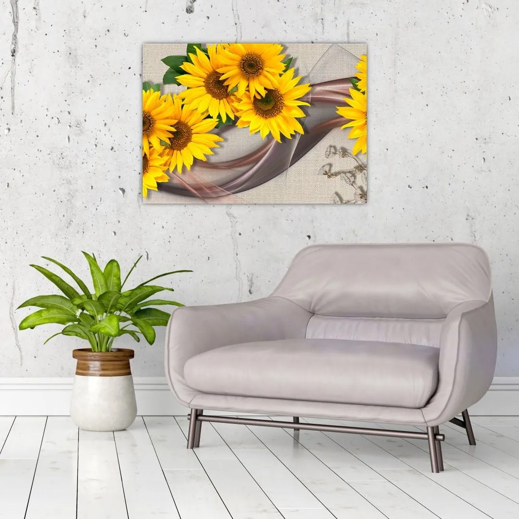 Tablou pe sticlă - Flori strălucitoare de floare soarelui (70x50 cm)