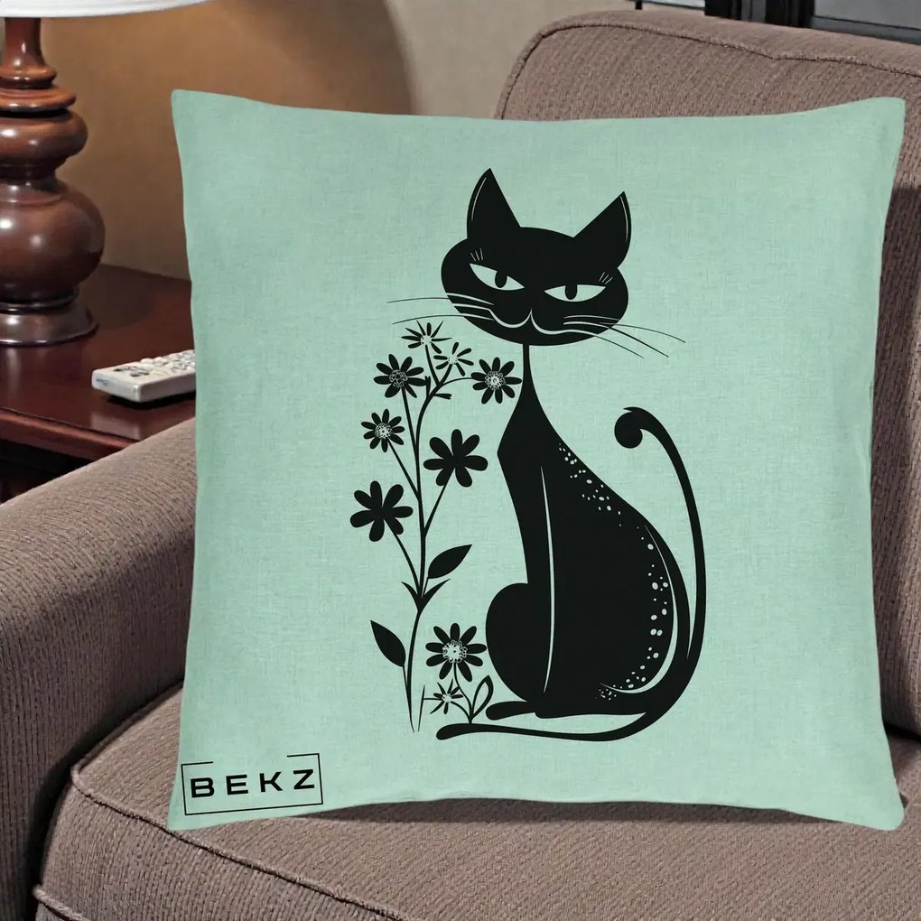 Perna Decorativa Pisica Neagra Grafica Minimalista, 40x40 cm, Verde Menta, Husa Detasabila, Perna Inclusa, BEKZ®