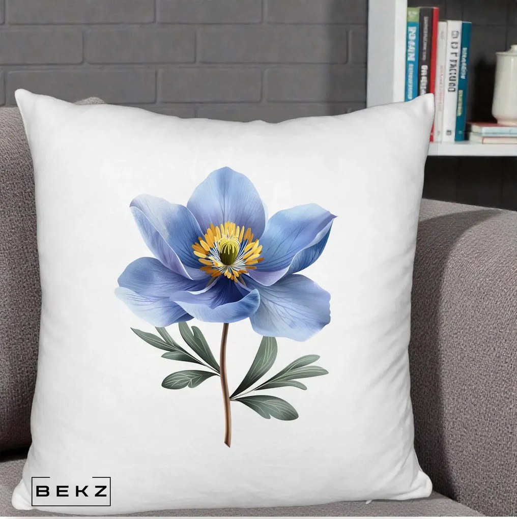 Perna Decorativa Anemona Albastra Botanica, 40x40 cm, Alb Pufos, Husa Detasabila, Perna Inclusa, BEKZ®