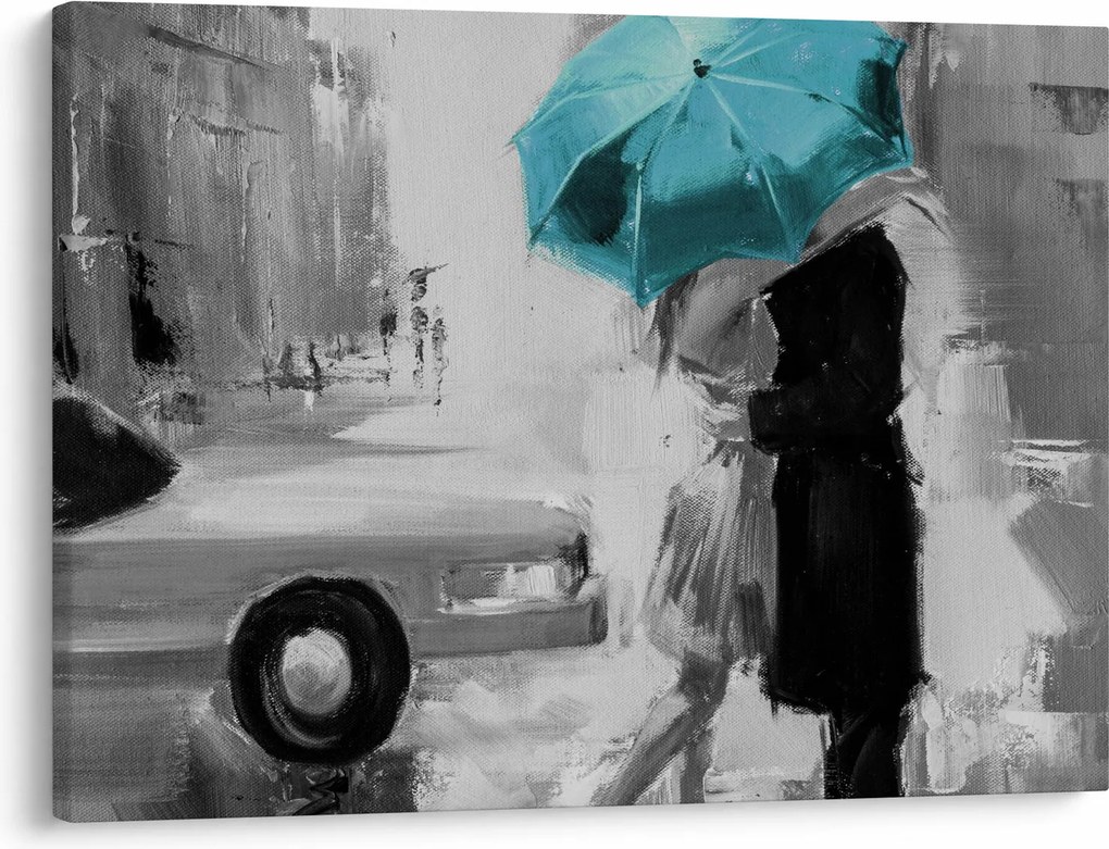 Tablou - Cuplu în dragoste cu umbrelă, albastru (70x50 cm)