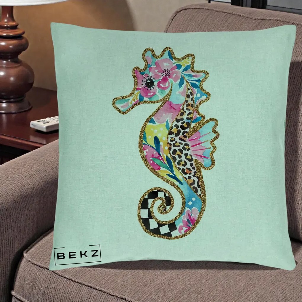 Perna Decorativa Calut de Mare Glitter Tropical, 40x40 cm, Verde Menta, Husa Detasabila, Perna Inclusa, BEKZ®