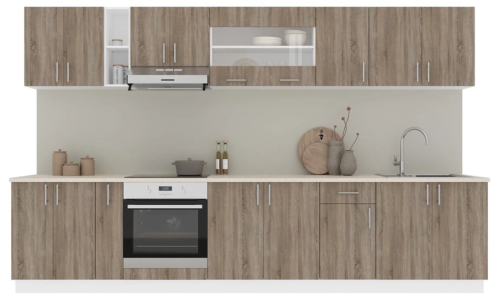 Set Bucatarie Karo V32, Stejar Sonoma Inchis/Alb, Blat Thermo 28 mm, L 340 cm