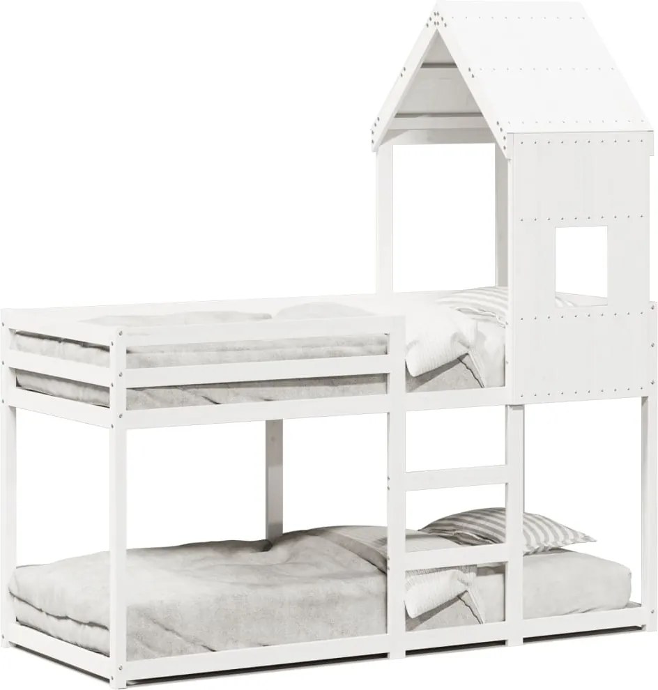 vidaXL Pat supraetajat cu acoperiș, alb, 90x200 cm, lemn masiv de pin