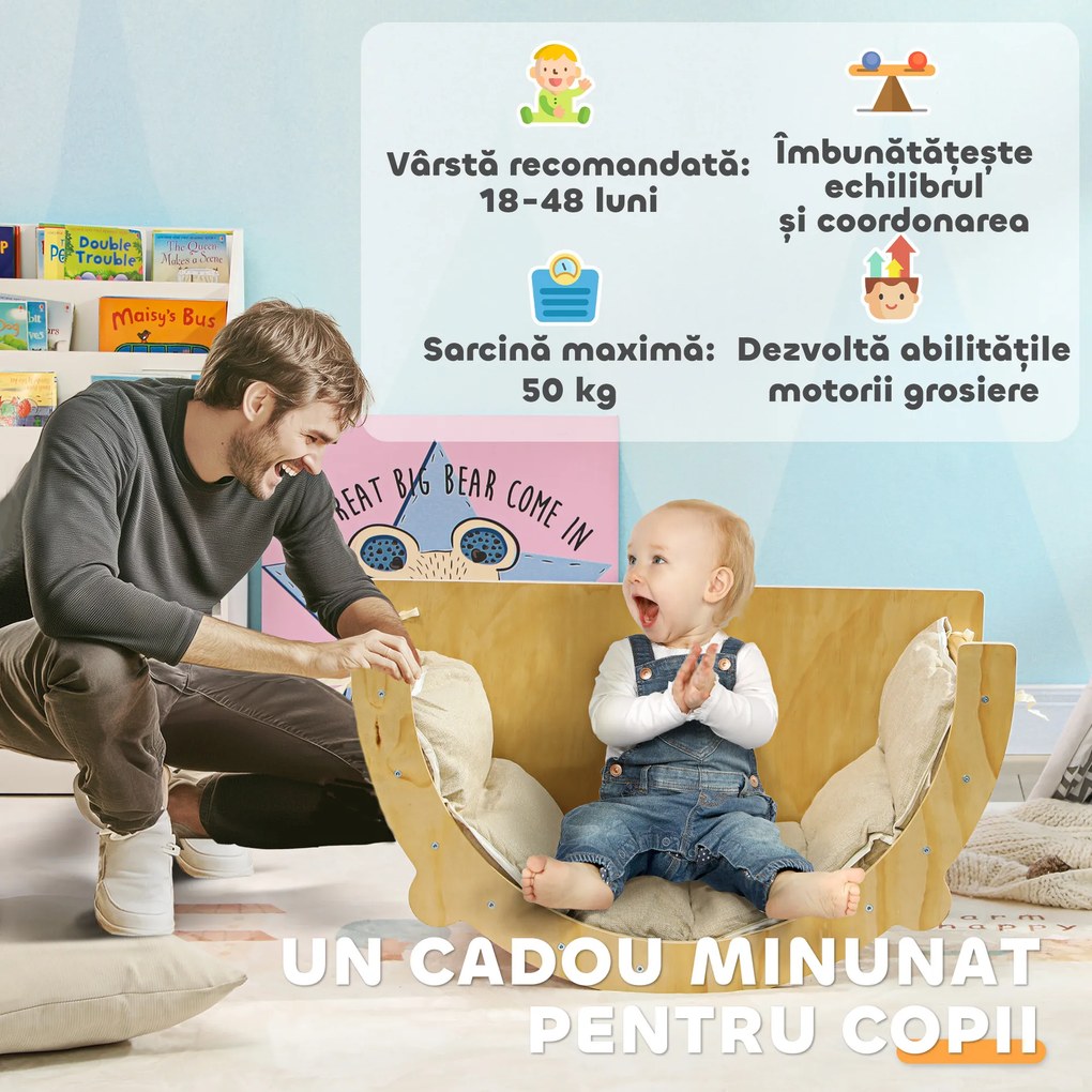 AIYAPLAY Arc Montessori 3 în 1 pentru Copii de 18-48 Luni, Structură de Cățărare, Măsuță și Balansoar cu Pernă | Aosom Romania