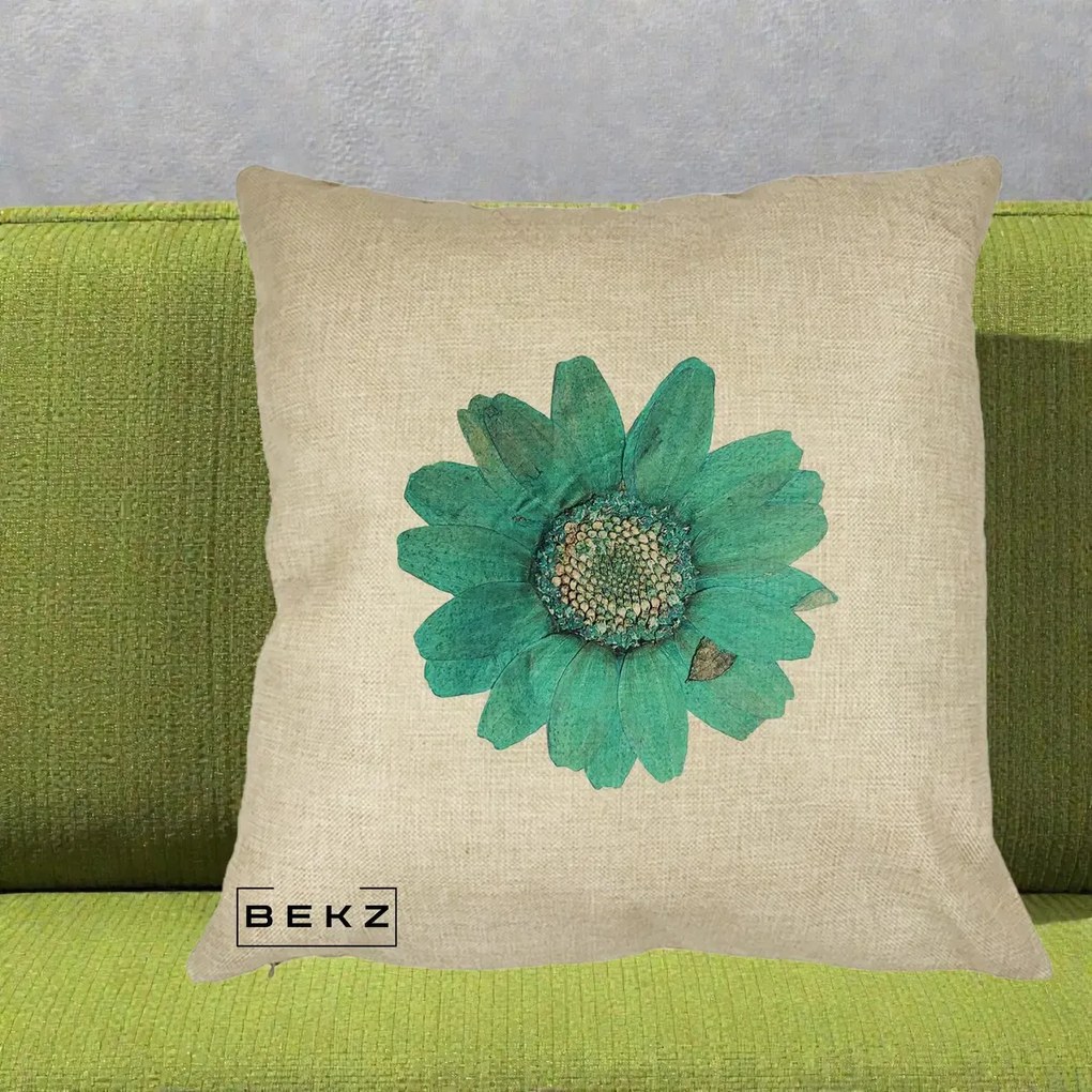 Perna Decorativa Floare Gerbera Teal Acuarela, 40x40 cm, Crem, Husa Detasabila, Perna Inclusa, BEKZ®