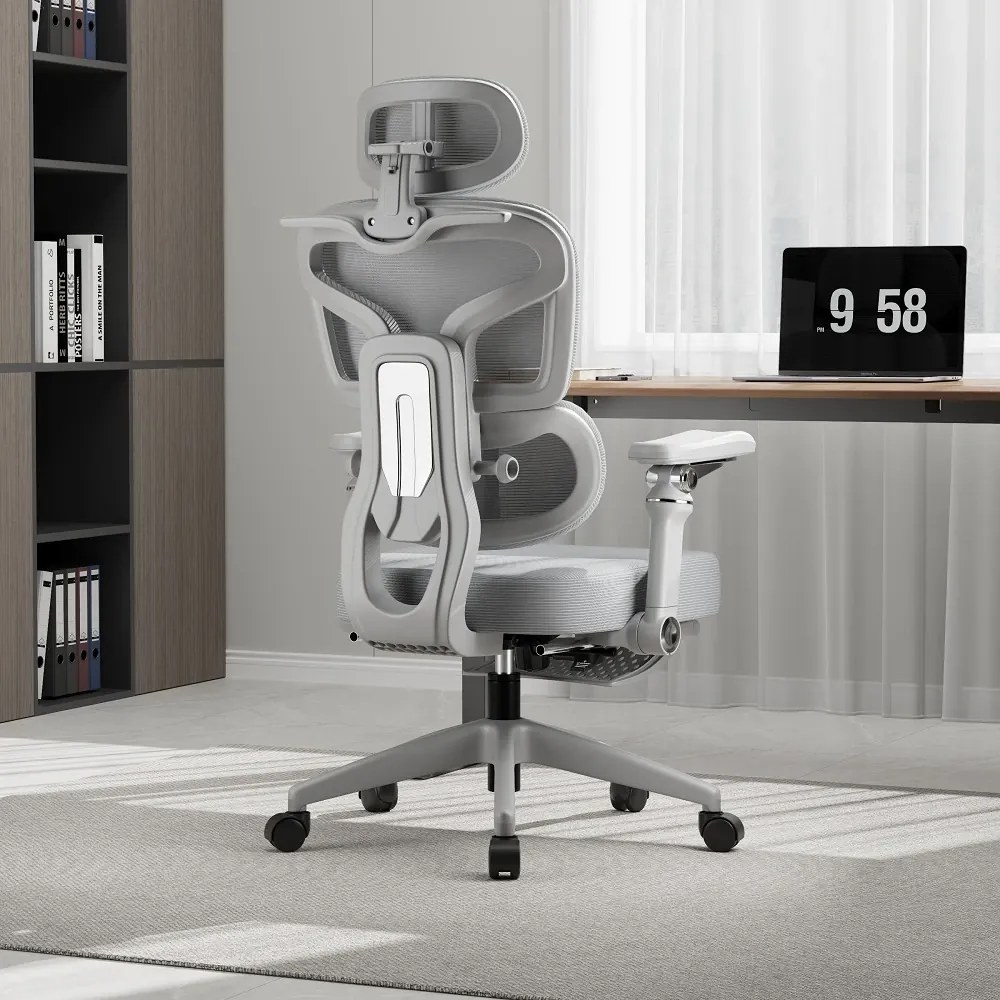 Scaun ergonomic, Sezut Translatie, cotiere 6D, tetiera 6D, suport lombar reglabil, spătar reglabil inaltime, pivotant, suport picioare, sezut buretat,Gri