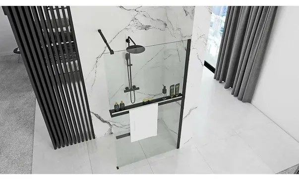 Paravan de dus tip Walk-in Rea Aero 90x195 cm si etajera cu suport negru