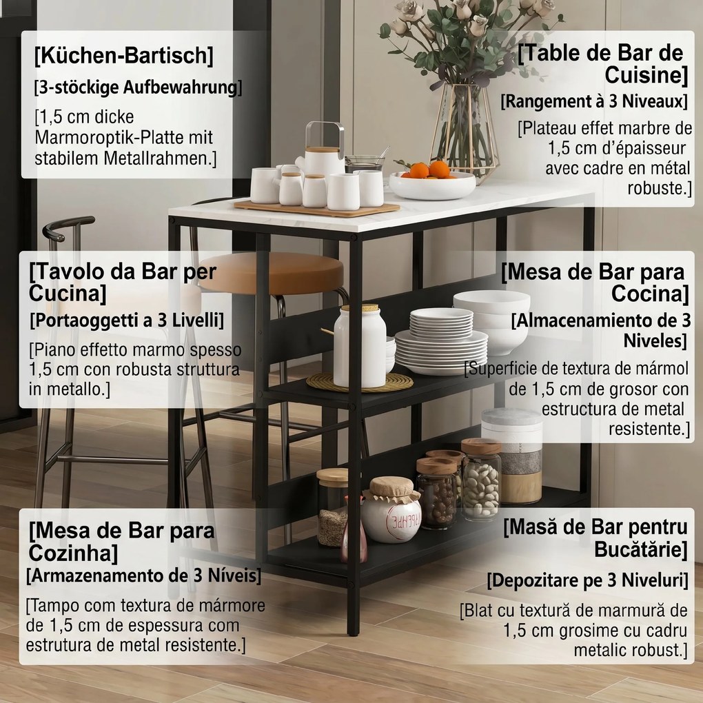 HOMCOM Insula de Bucatarie cu Rafturi Deschise, Carucior de Bucatarie cu Blat cu Imitatie de Furnir cu Textura de Marmura