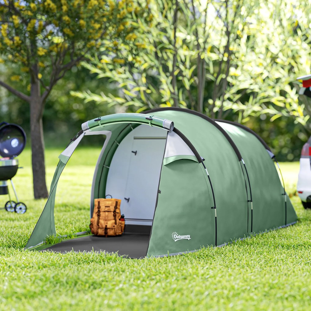 Cort Camping 4 Persoane Outsunny, Impermeabil, Usi cu fermoar 426x206x154cm Verde Inchis | Aosom Romania