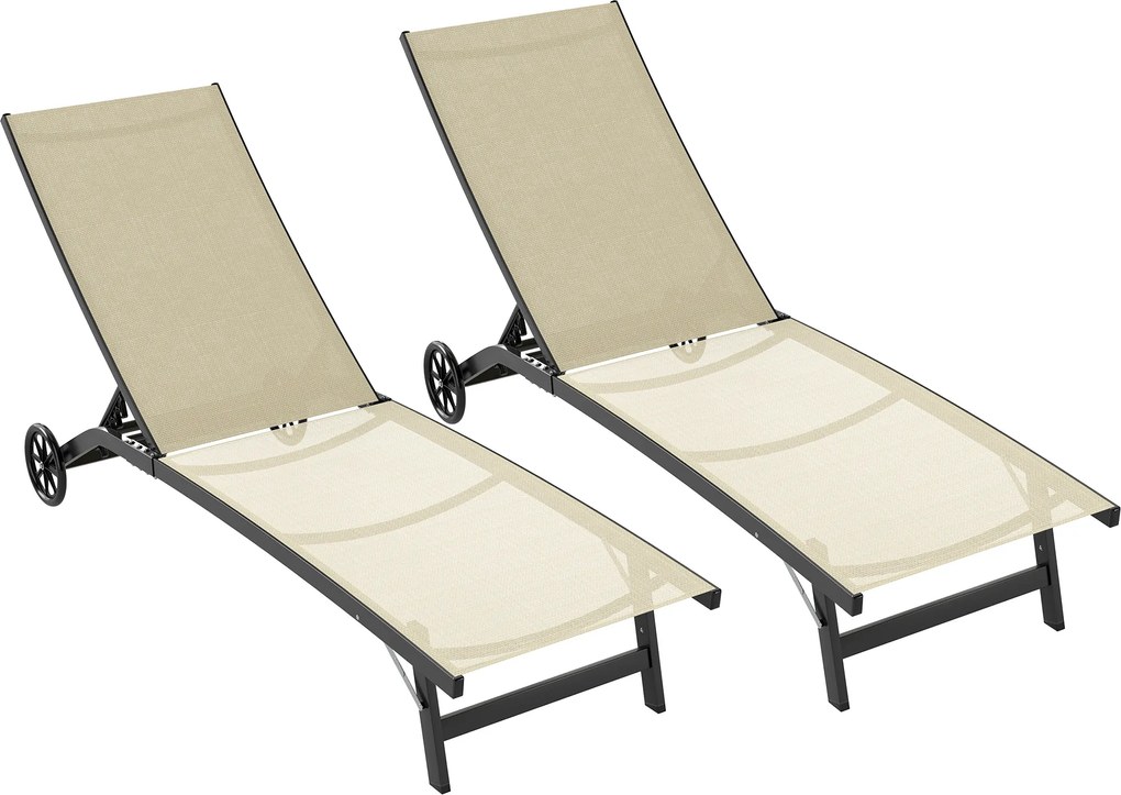 Outsunny Set de 2 șezlonguri din aluminiu și textilenă cu roți, spătar reglabil, sarcină max. 150 kg kaki | Aosom Romania