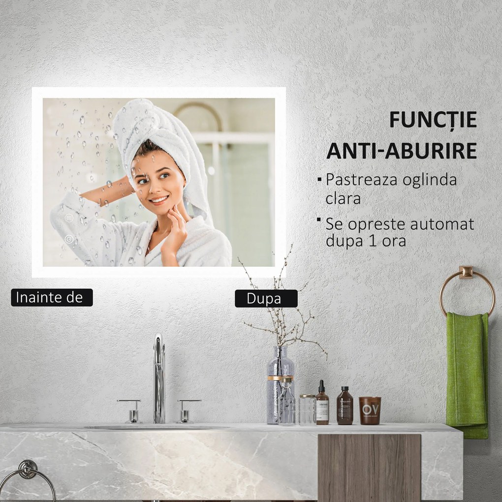 kleankin Oglindă de Baie cu Lumină LED, Luminozitate Reglabilă și Funcție de Memorie, 70x50x3 cm, Transparent | Aosom Romania