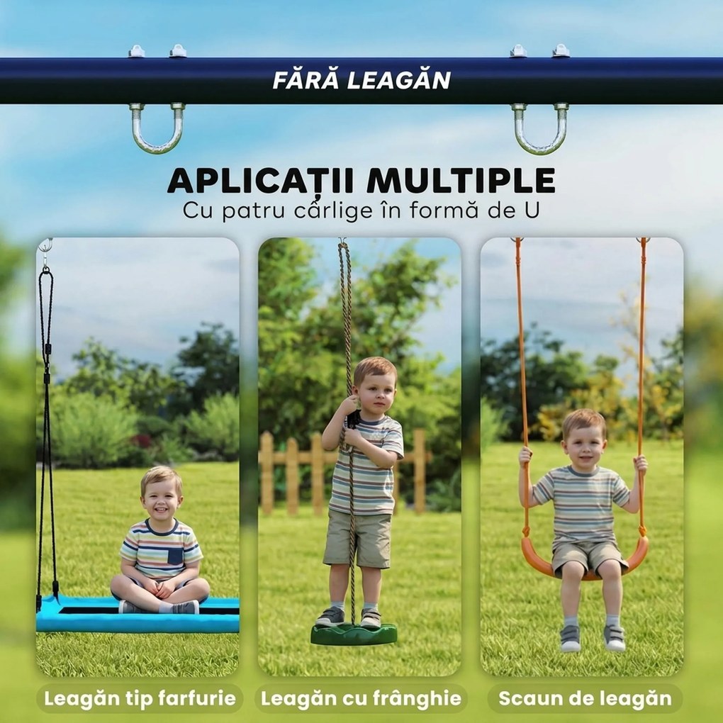AIYAPLAY Cadru pentru Leagăn de Grădină pentru Copii, Structură din Oțel, Anti-UV, Impermeabil, Suportă 150 kg, cu 4 Cârlige pentru Leagăn Tip Cuib, Leagăn în U, Scară, 260x160x178 cm, Albastru | Aosom Romania