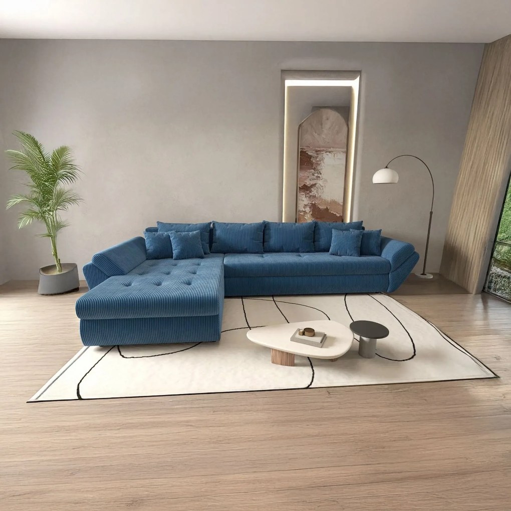 Colțar extensibil dumonde cu ladă de depozitare si sezut confortabil din spuma high-density, Loana XL Zoom Albastru 335x185 cm