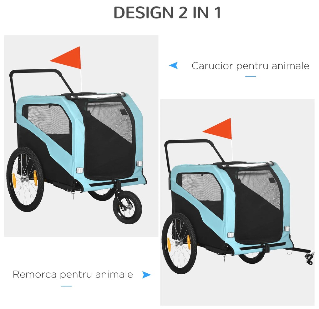 PawHut Remorcă Bicicletă pentru Câini cu Două Intrări Buzunare Cadru Oțel Țesătură 170x77x90cm Albastru | Aosom Romania