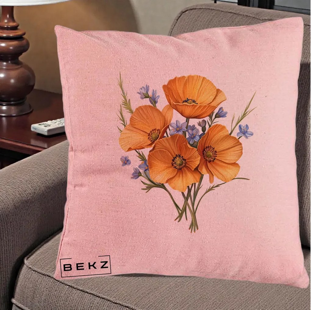 Perna Decorativa Maci Portocalii cu Floricele Albastre, 40x40 cm, Roz, Husa Detasabila, Perna Inclusa, BEKZ®