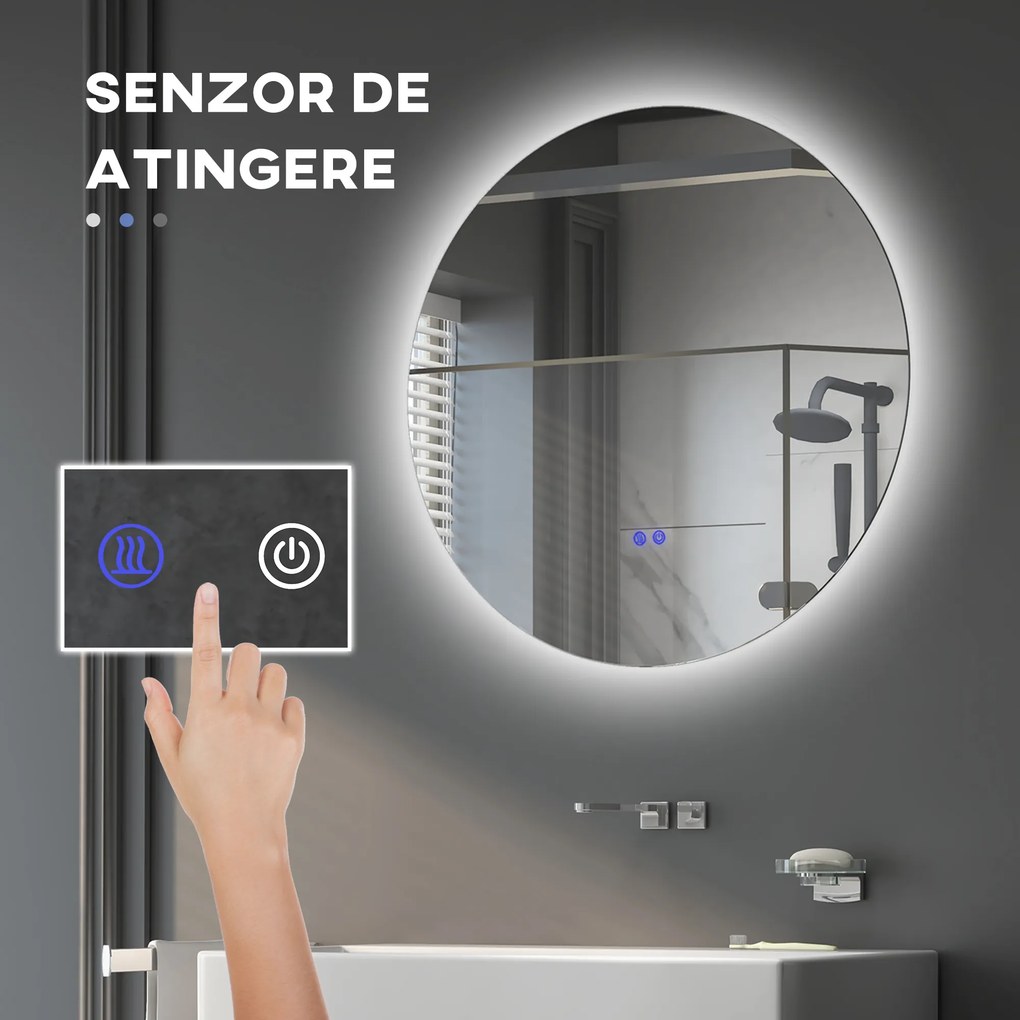 Kleankin Oglinda de Baie Rotunda cu Lumina LED in 3 Culori si intrerupatoare Touch, Ø70x3.5 cm, Transparent | Aosom Romania