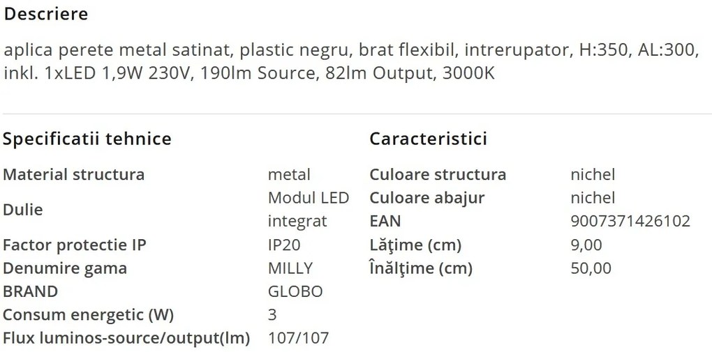 Aplica cu reader LED brat flexibil MILLY nickel