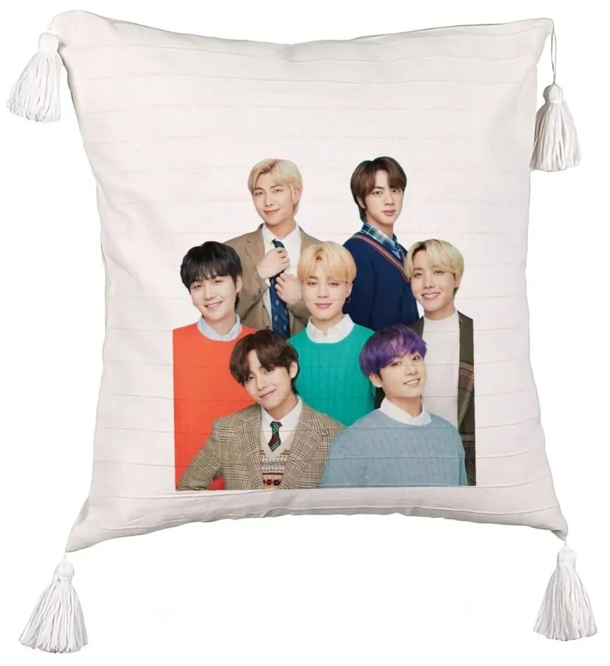 Perna Decorativa cu Franjuri BTS Army cu Semnaturi, 45x45 cm, Ecru, Cu fermoar