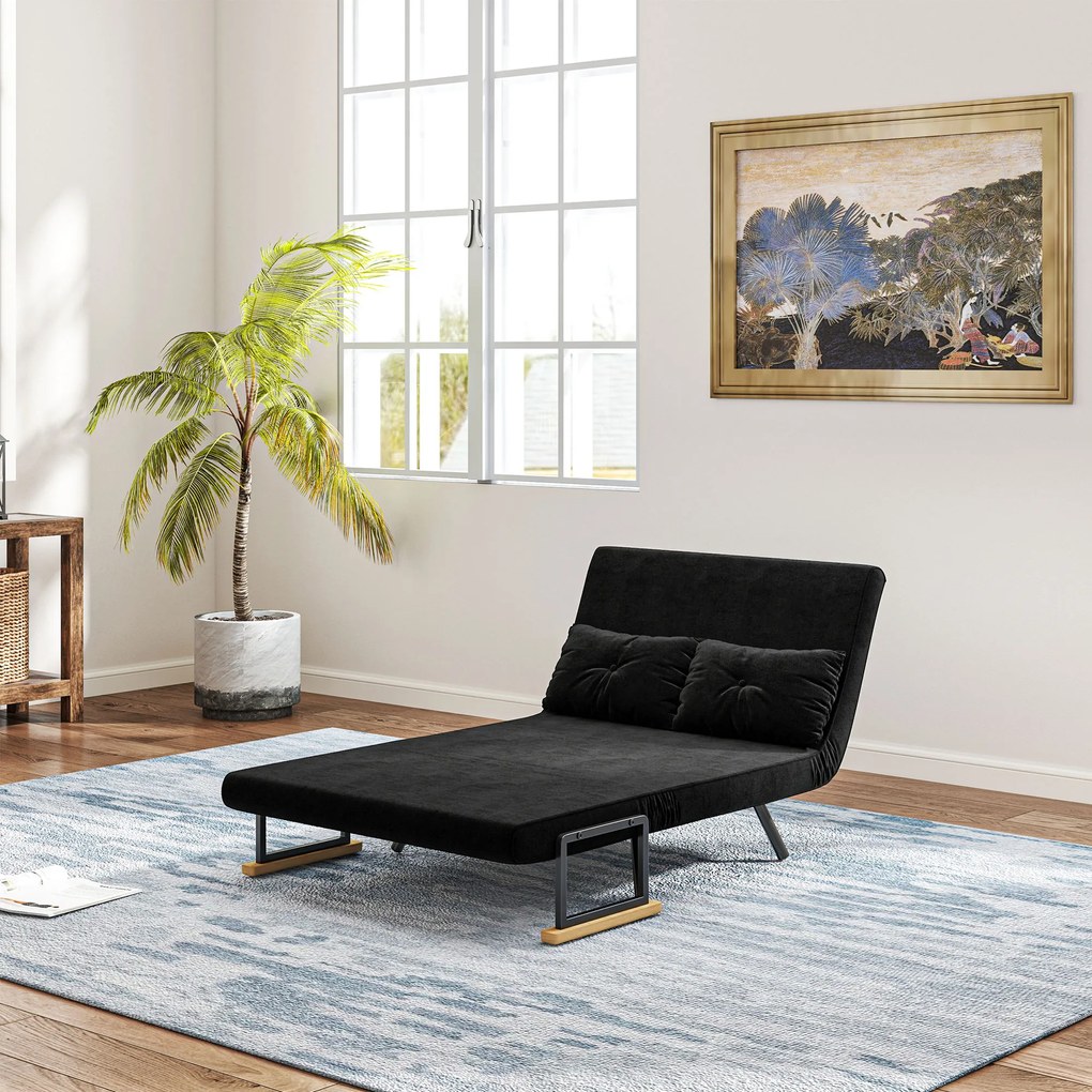HOMCOM Canapea Pat de 2 Locuri cu Spătar Reglabil pe 5 Nivele și 2 Perne din Material Capitonat, 102x73x81 cm, Negru | Aosom Romania