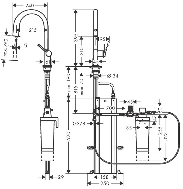 Baterie de bucatarie, Hansgrohe, Aqittura M91 210, sBox, pipa extractibila, negru mat