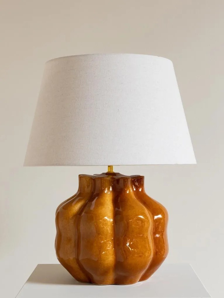 Lampa de masa, din ceramica, portocalie, cu abajur din in si bumbac natural, Fleury