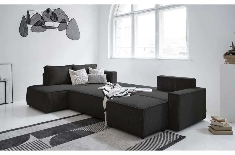 Colțar gri antracit extensibil cu tapițerie din catifea reiată (cu colț pe partea stângă /în formă de "U") Brave Dave – Miuform