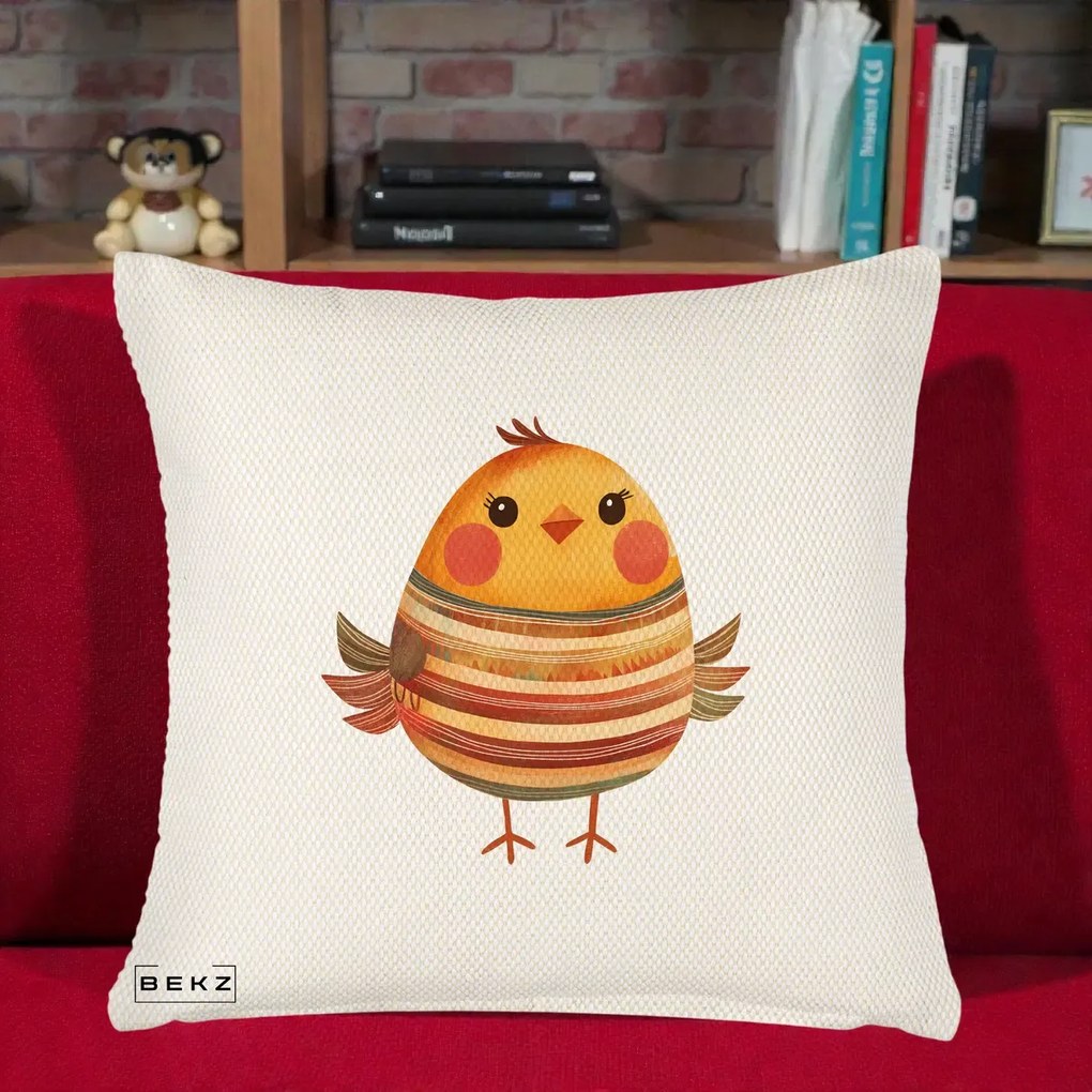 Perna Decorativa Pui Kawaii Portocaliu Dungi Calde, 40x40 cm, Crem Reliefat, Husa Detasabila, Perna Inclusa, BEKZ®