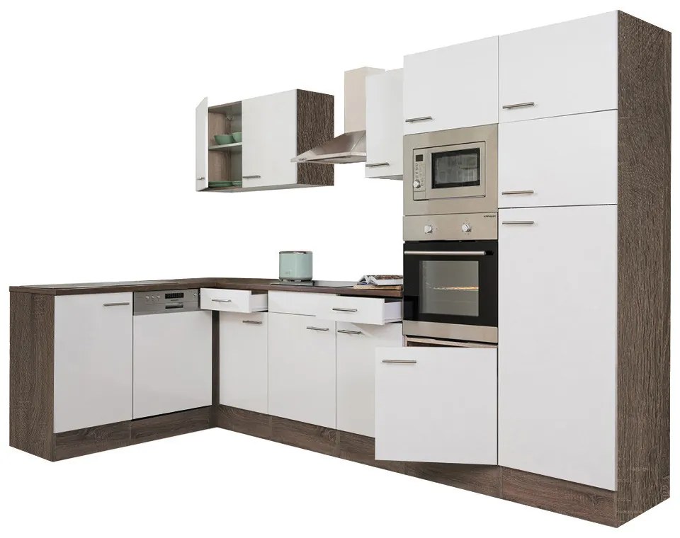 Mobilă de bucătărie de colț Yorki 340, corp din stejar Yorki, cu față alb satinat