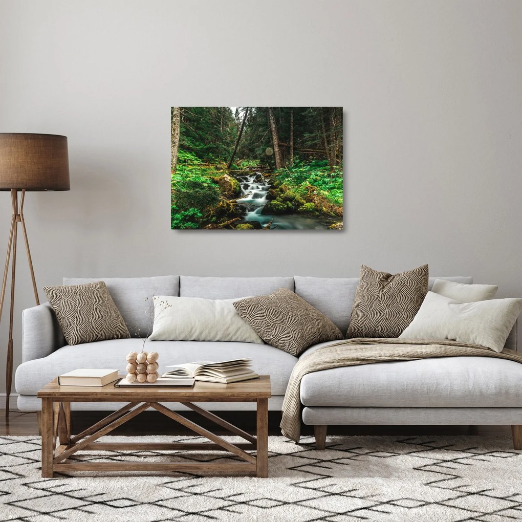 Tablou pe sticlă cu pârău în pădure (70x50 cm)