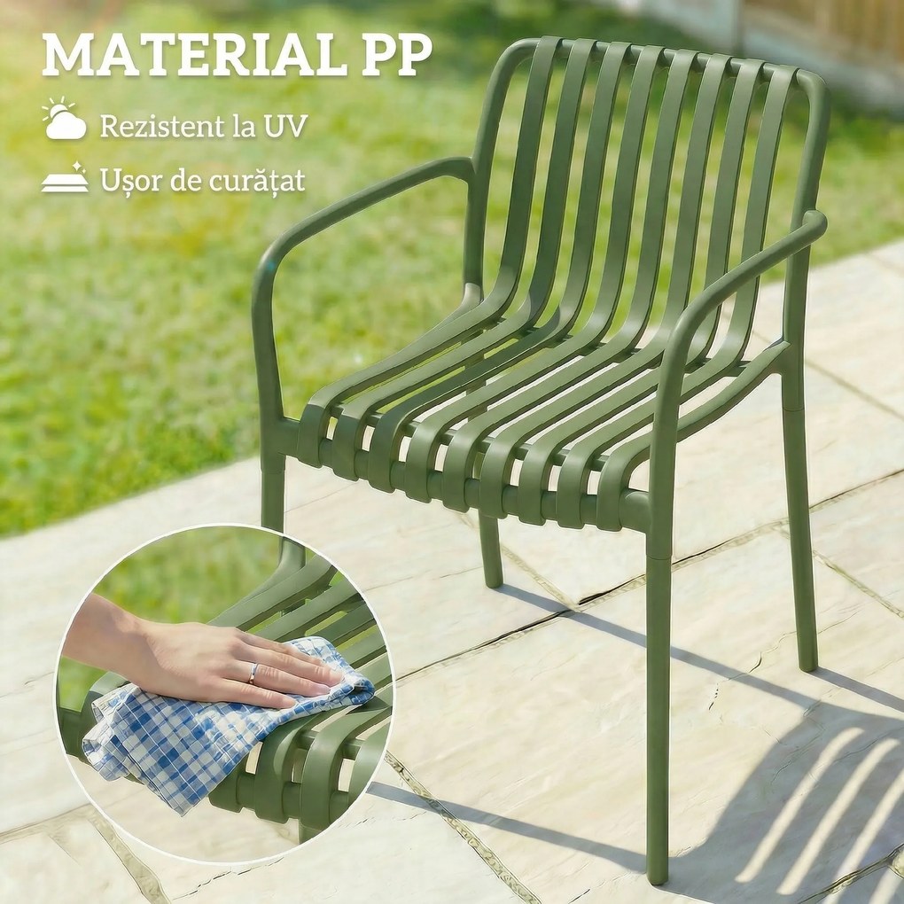 Outsunny Set 4 Scaune de Grădină Stivuibile din Plastic Anti-UV, Scaune pentru Prânz în Exterior cu Spătar Ergonomic cu Lamele și Mânere, pentru Terasă Balcon Grădină Exterior Interior, 55x58,5x81,5 cm, Verde | Aosom Romania