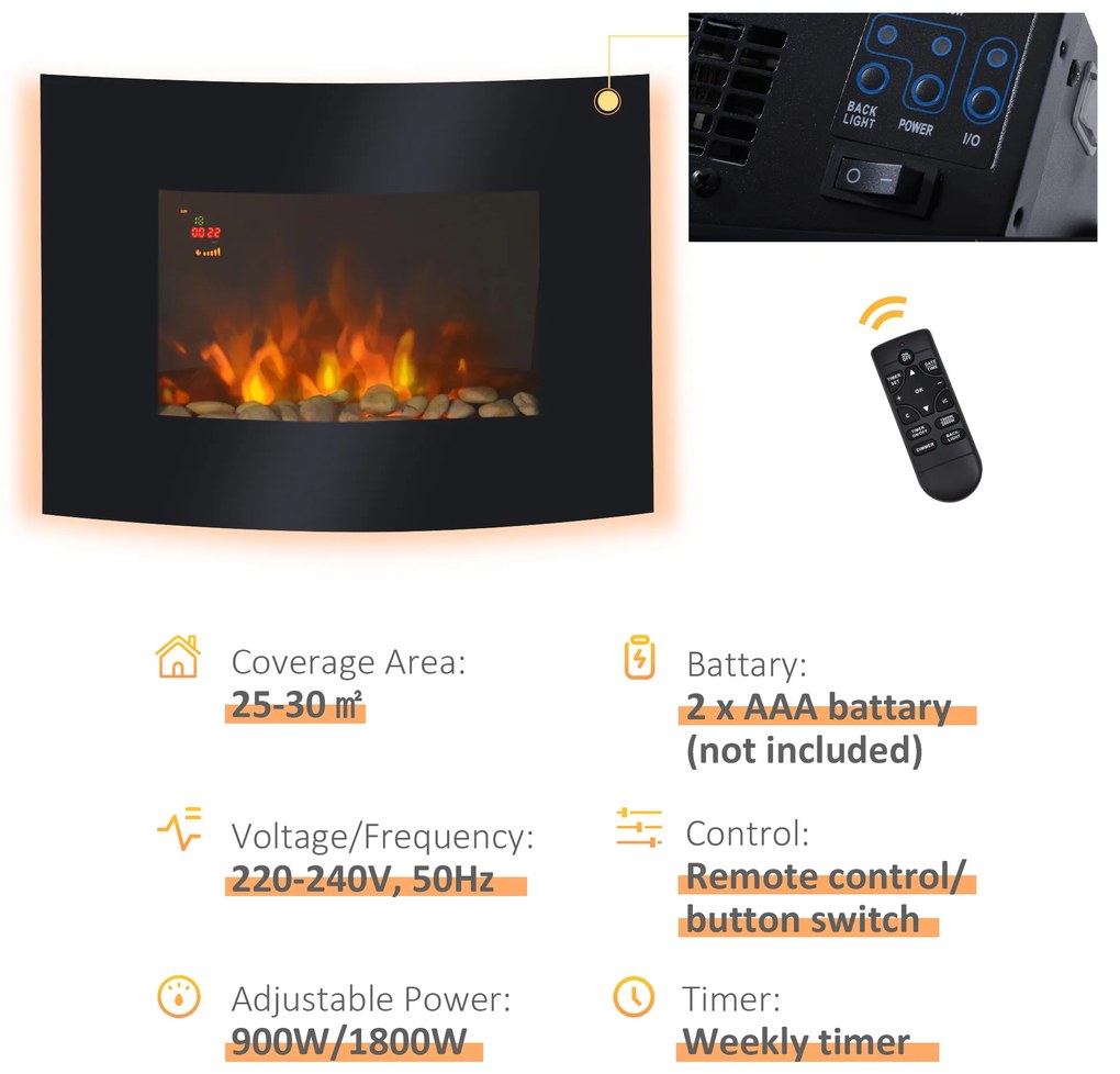HOMCOM Șemineu Electric de Perete 900/1800W Încălzire cu Efect de Flacără 3D Reglabil, Șemineu Electric cu Lumină LED în 7 Culori, Telecomandă, Temporizator și Termostat, 30 m², Negru | Aosom Romania
