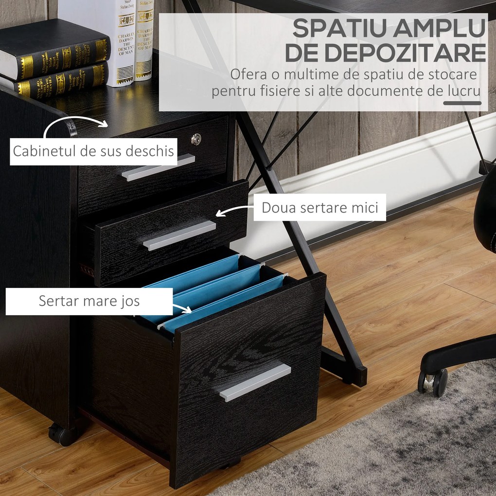 HOMCOM Dulap Portadocumente din Lemn cu 3 Sertare cu Chei de Securitate și 5 Roți, 39.2x40x65.4 cm, Negru | Aosom Romania