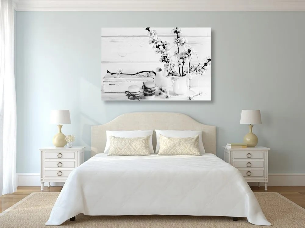 Tablou natura moartă rusticală în design alb-negru