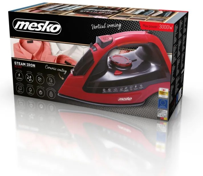 Fier de calcat Mesko MS 5031, 3000W, Placa ceramica, Oprire automata, Sistem anti-calcar, Rosu/Negru
