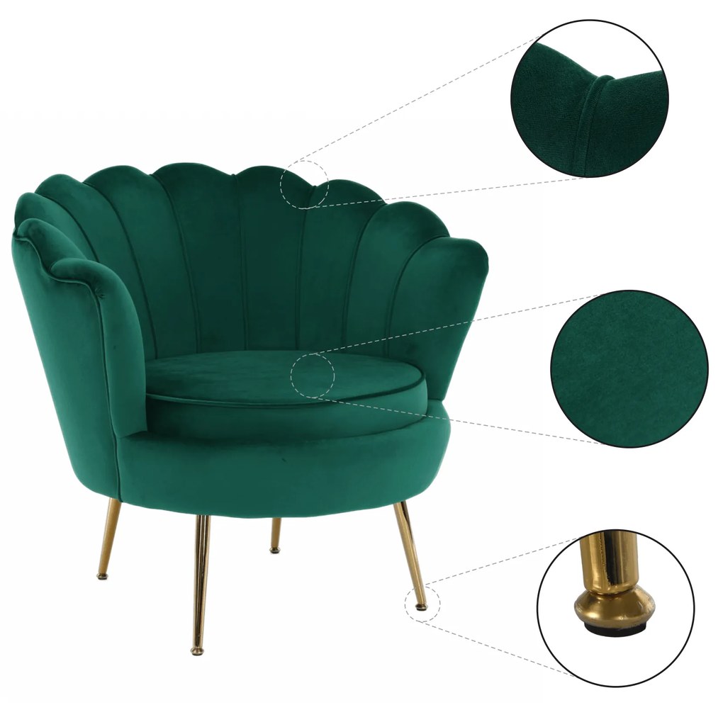 Fotoliu în stil Art-deco, catifea Velvet smarald/crom auriu, NOBLIN