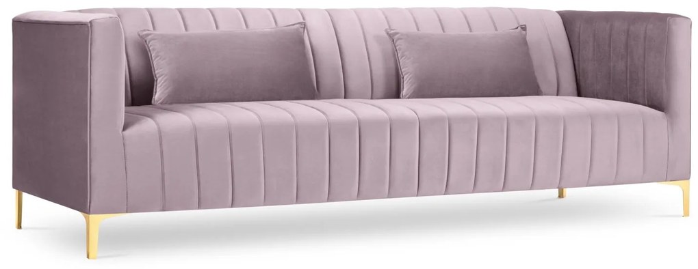 Canapea 3 locuri Annite cu tapiterie din catifea, picioare din metal auriu, roz