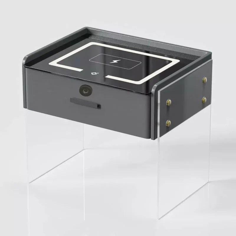 Noptieră inteligentă cu &icirc;ncărcare wireless, iluminare LED, 1 sertar de depozitare, difuzor Bluetooth și &icirc;nchidere prin amprentă &ndash; gri antracit, design modern din sticlă și lemn