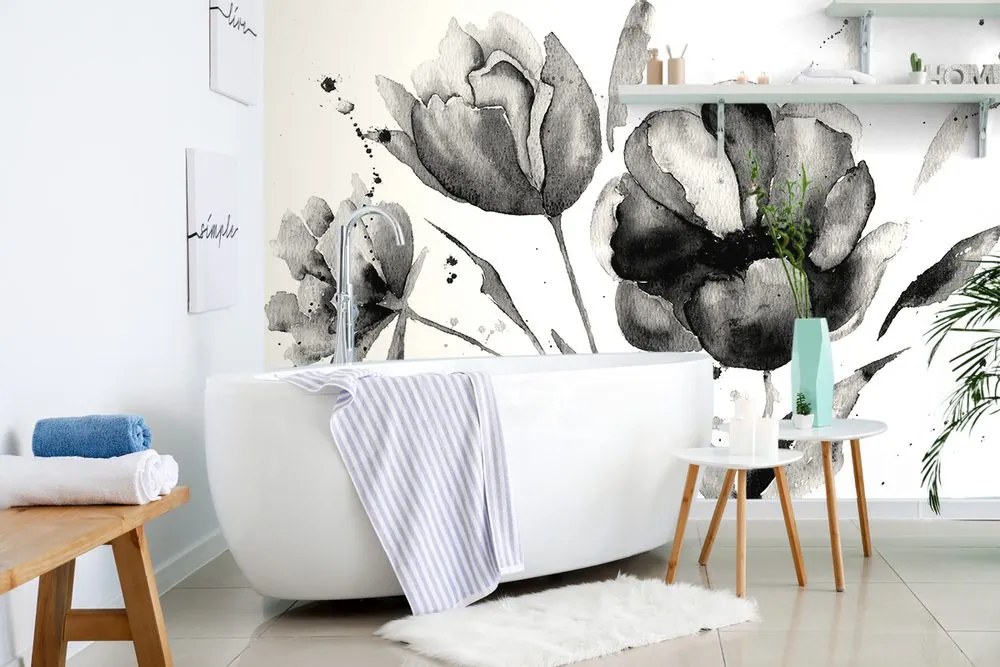 Tapet lalele în design interesant în alb-negru