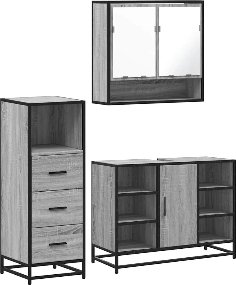 vidaXL Set mobilier de baie, 3 piese, gri sonoma, lemn prelucrat