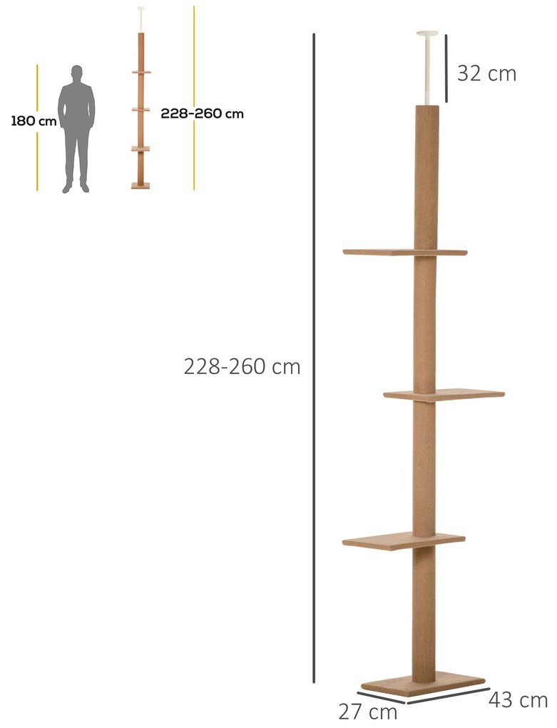 PawHut Coloană de Zgâriat Reglabilă pe 4 Nivele, Tapițată, 43x27x228-260cm, Gri | Aosom Romania