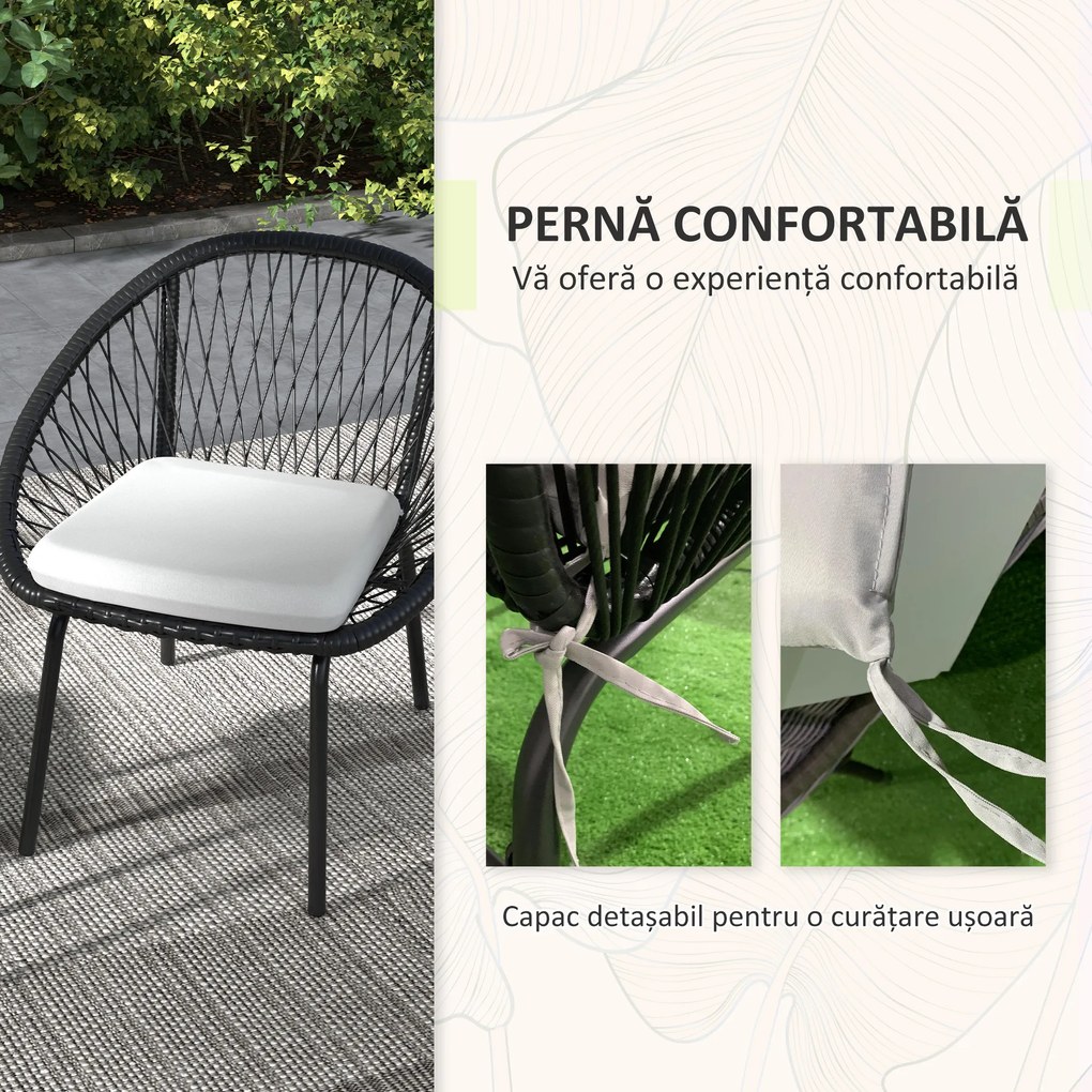 Outsunny Set Bistro pentru Terasa din 3 Piese, Set cu Perne Moi pentru Sezut, Set de Mobilier din Rachita, Negru | Aosom Romania