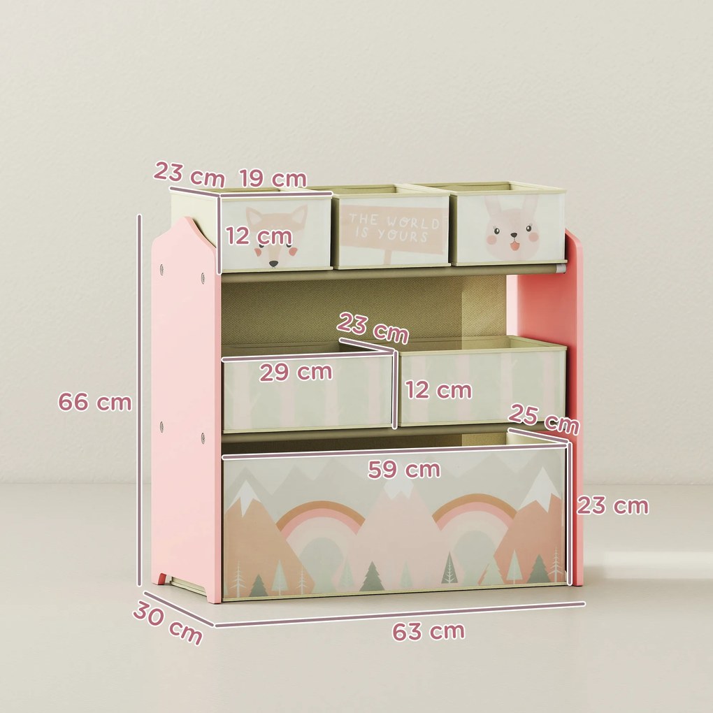 ZONEKIZ dulap pentru copii cu 6 cutii din material textil, model drăguț, 63x30x66 cm, Roz | Aosom Romania
