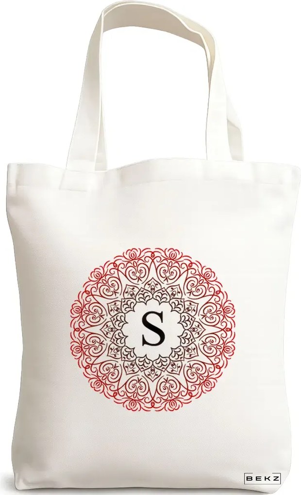 Sacosa de Panza pentru Cumparaturi, Geanta Tote, Cu litera S si Mandala, 38x34.5 cm, Alba, BEKZ®